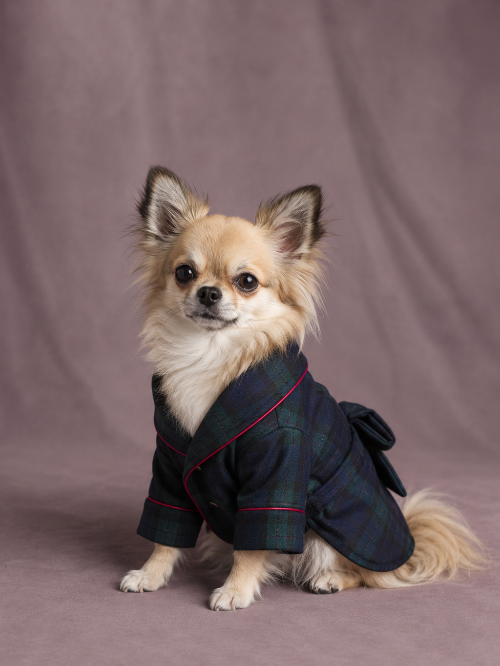 A small tan and white Chihuahua dog wearing a dark navy plaid pet dressing gown robe with red piping, sitting against a solid mauve studio backdrop.