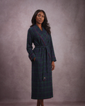 Balmoral tartan dressing gown in blackwatch tartan pattern with red piping and a matching tie belt Gown & Hound