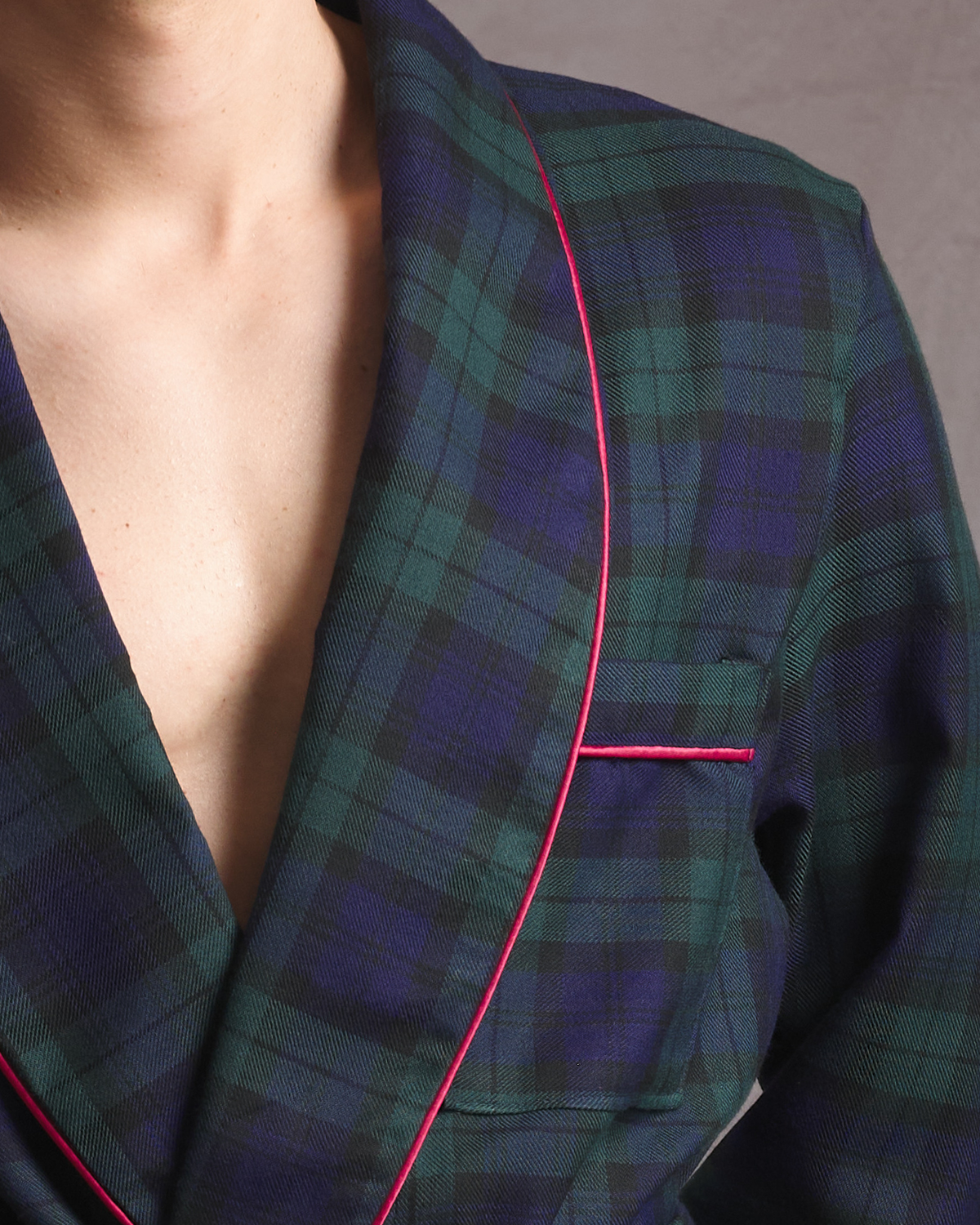 Balmoral blackwatch tartan dressing gown wide lapel with red piping by Gown & Hound